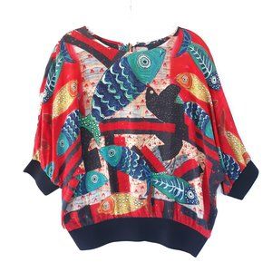 Small Silk Fish Print Bat Wing Boat Neck Top